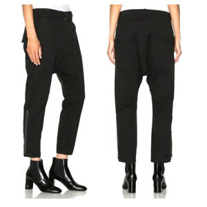 Nili Lotan 4 Slouchy Drop Crotch Jackson Pants Side Zipper Cotton Cropped Black